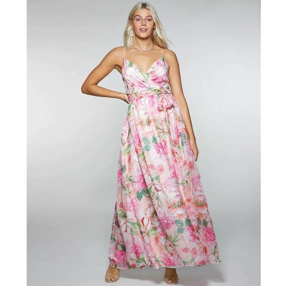 Pink Dress Belted Floral Spaghetti Strap V Neck - Size 3 Maxi - Picture 3 of 7